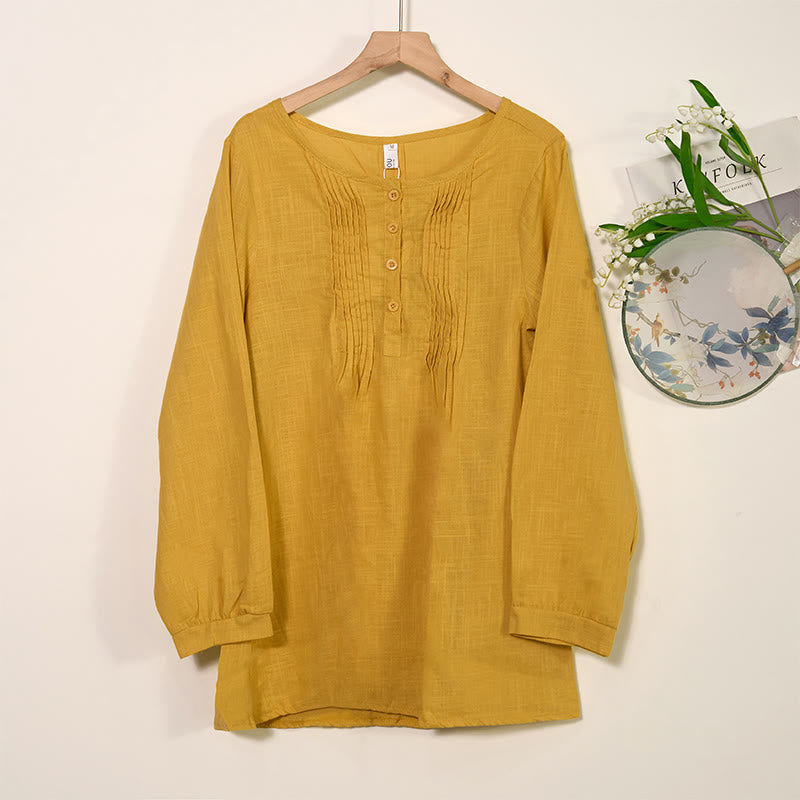 Chemise à manches longues plissée décontractée à col rond avec Buddha Stones Chemises pour femmes en coton et lin - verge d'or - US/UK/AU46，EU56 (5XL) - image 0