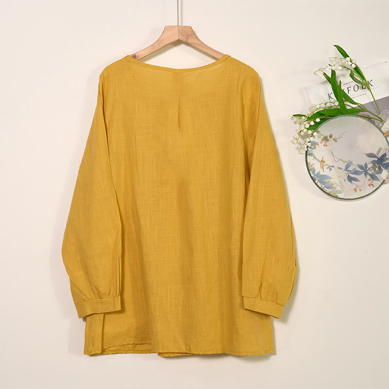 Chemise à manches longues plissée décontractée à col rond avec Buddha Stones Chemises pour femmes en coton et lin - image 1