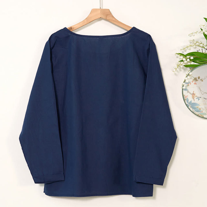 Chemise décontractée à manches longues et col rond en coton et lin pour femme avec motif de pissenlit et Buddha Stones