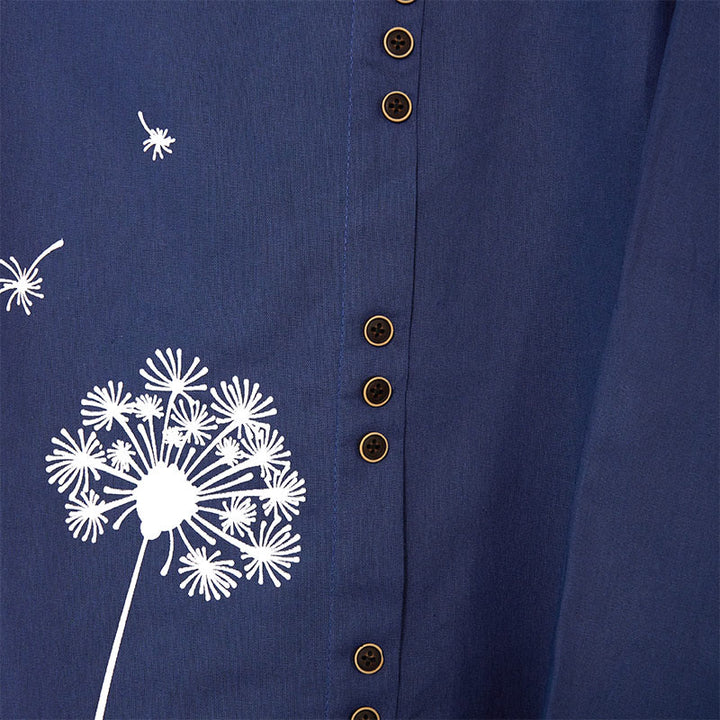 Chemise décontractée à manches longues et col rond en coton et lin pour femme avec motif de pissenlit et Buddha Stones - image 7