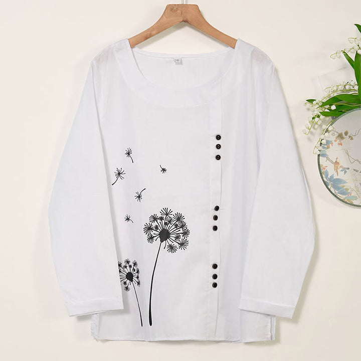 Chemise décontractée à manches longues et col rond en coton et lin pour femme avec motif de pissenlit et Buddha Stones