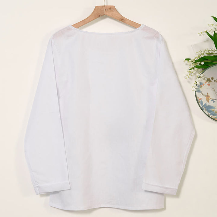Chemise décontractée à manches longues et col rond en coton et lin pour femme avec motif de pissenlit et Buddha Stones