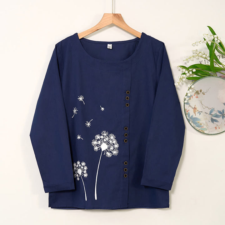 Chemise décontractée à manches longues et col rond en coton et lin pour femme avec motif de pissenlit et Buddha Stones