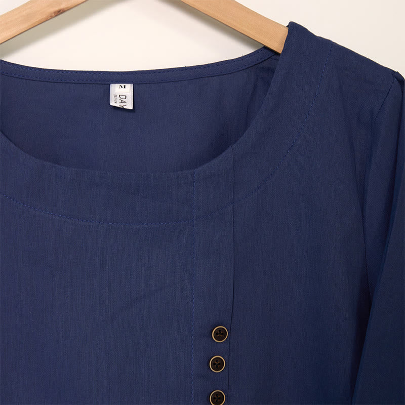 Chemise décontractée à manches longues et col rond en coton et lin pour femme avec motif de pissenlit et Buddha Stones