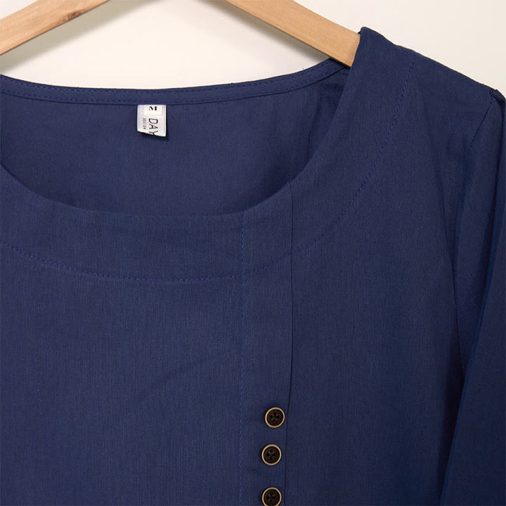 Chemise décontractée à manches longues et col rond en coton et lin pour femme avec motif de pissenlit et Buddha Stones