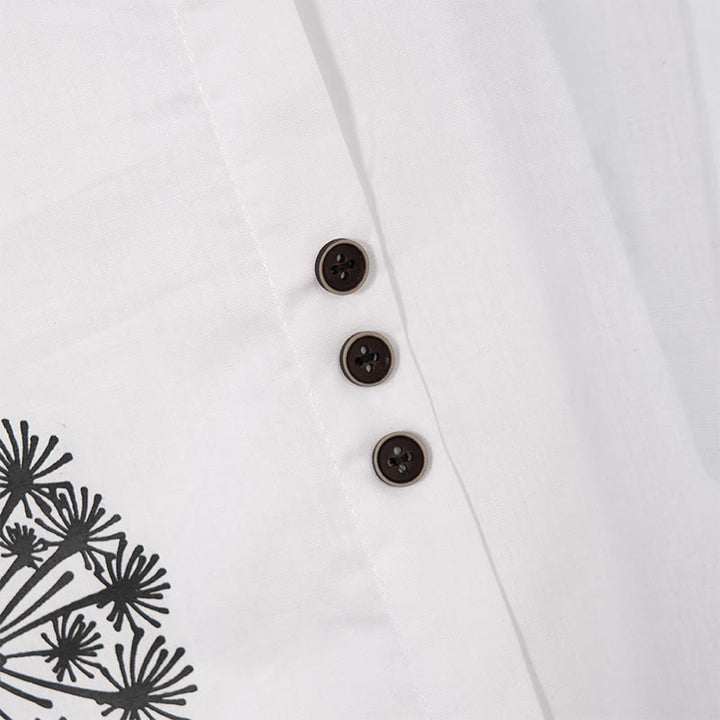 Chemise décontractée à manches longues et col rond en coton et lin pour femme avec motif de pissenlit et Buddha Stones