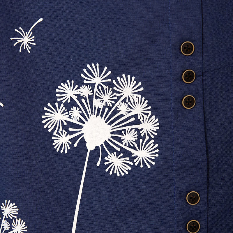 Chemise décontractée à manches longues et col rond en coton et lin pour femme avec motif de pissenlit et Buddha Stones