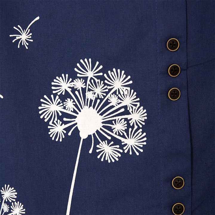 Chemise décontractée à manches longues et col rond en coton et lin pour femme avec motif de pissenlit et Buddha Stones