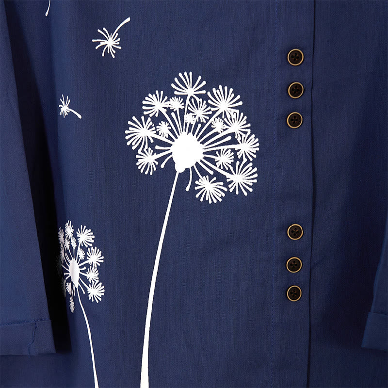 Chemise décontractée à manches longues et col rond en coton et lin pour femme avec motif de pissenlit et Buddha Stones - image 5