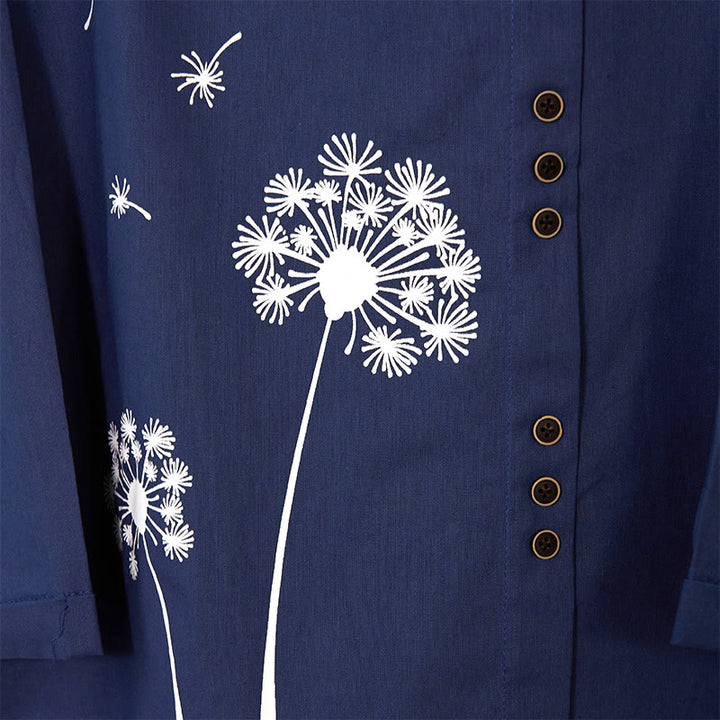 Chemise décontractée à manches longues et col rond en coton et lin pour femme avec motif de pissenlit et Buddha Stones - image 5