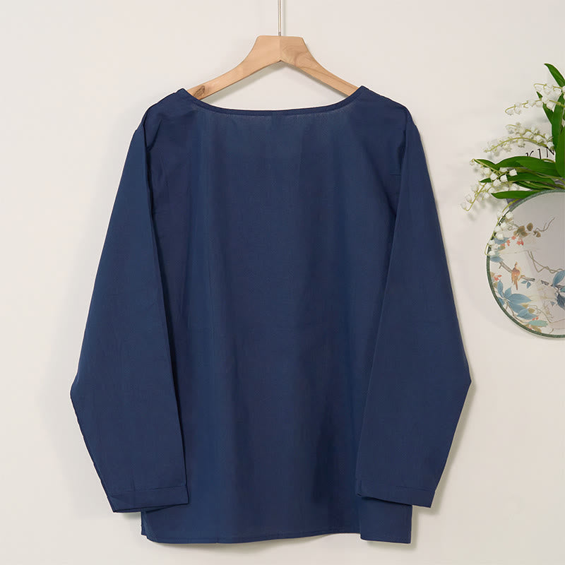 Chemise décontractée à manches longues et col rond en coton et lin pour femme avec motif floral Buddha Stones