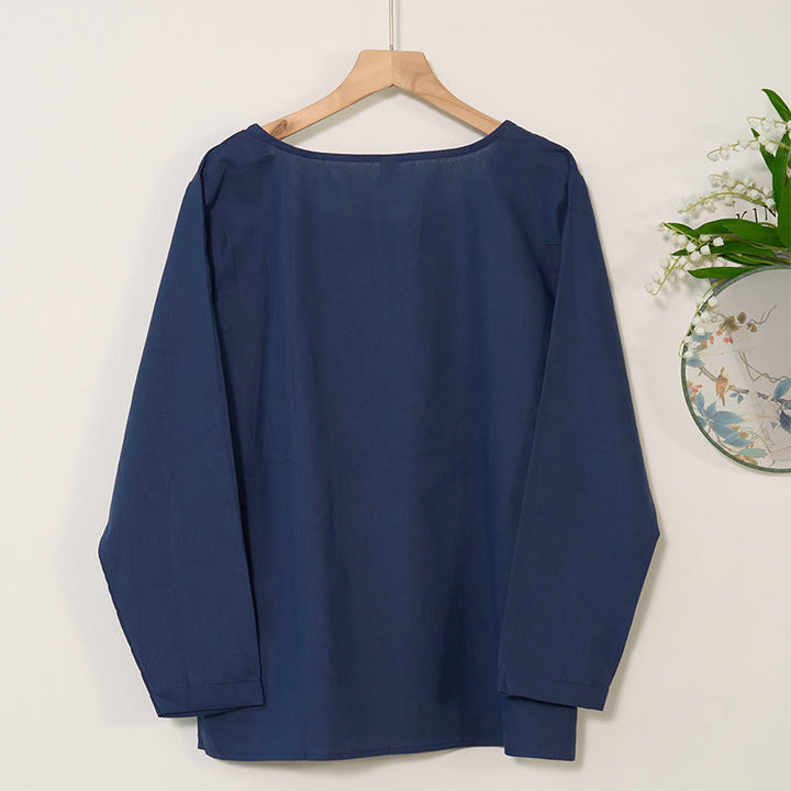 Chemise décontractée à manches longues et col rond en coton et lin pour femme avec motif floral Buddha Stones