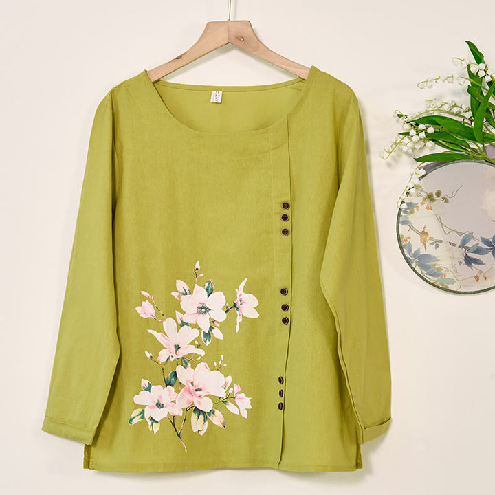 Chemise décontractée à manches longues et col rond en coton et lin pour femme avec motif floral Buddha Stones