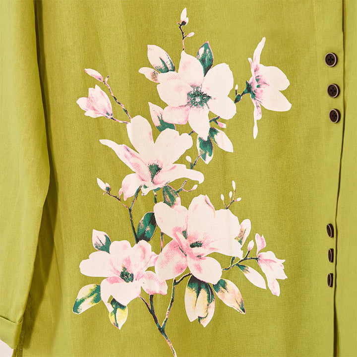 Chemise décontractée à manches longues et col rond en coton et lin pour femme avec motif floral Buddha Stones