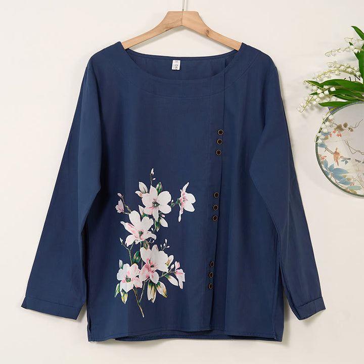 Chemise décontractée à manches longues et col rond en coton et lin pour femme avec motif floral Buddha Stones