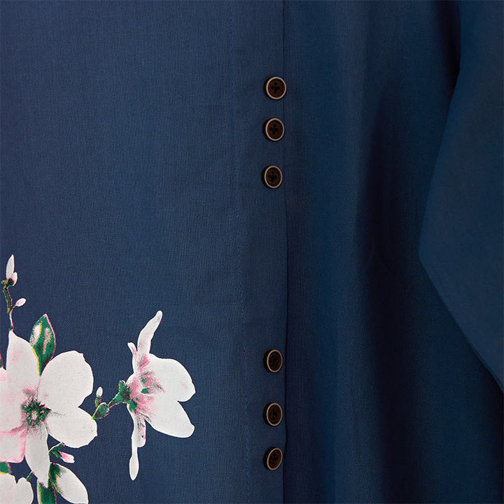 Chemise décontractée à manches longues et col rond en coton et lin pour femme avec motif floral Buddha Stones