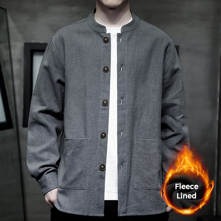 Veste-chemise à boutons en lin et coton avec doublure polaire et poches pour homme Buddha Stones