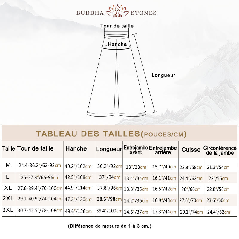 Pantalon large décontracté en coton et lin avec broderies Buddha Stones pour femmes avec poches