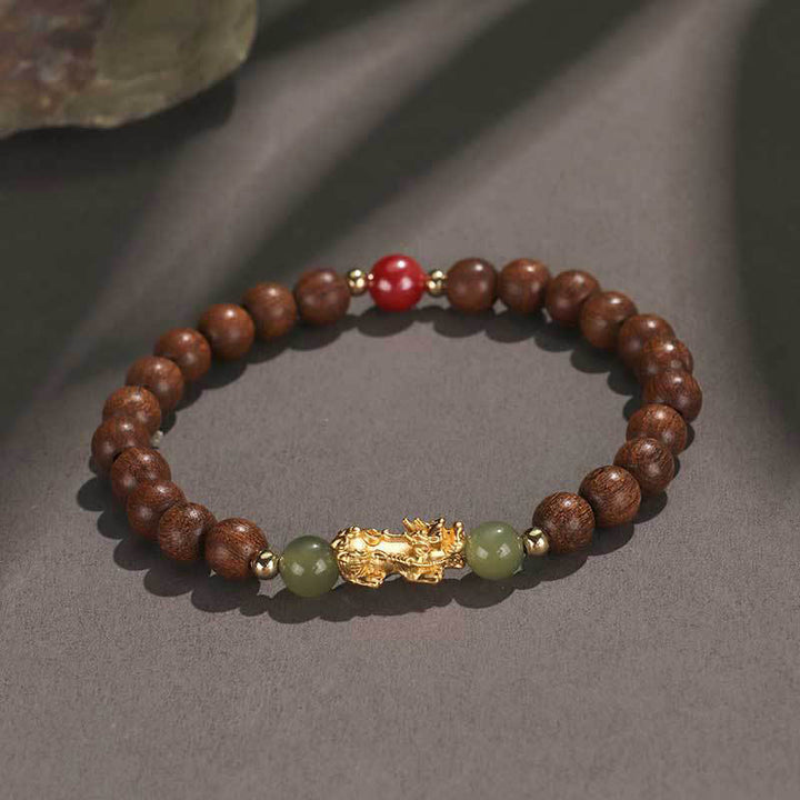 Bracelet de richesse en argent sterling 999 Buddha Stones , bois de santal, bois d'ébène, petite feuille, bois de santal rouge, jade Hetian, cinabre, PiXiu - Bois de santal doré (Tour de poignet : 14-16 cm) - image 3