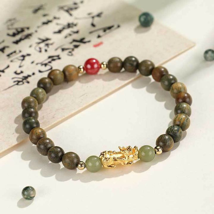 Bracelet de richesse en argent sterling 999 Buddha Stones , bois de santal, bois d'ébène, petite feuille, bois de santal rouge, jade Hetian, cinabre, PiXiu - Bois de santal vert (Tour de poignet : 14-16 cm) - image 14
