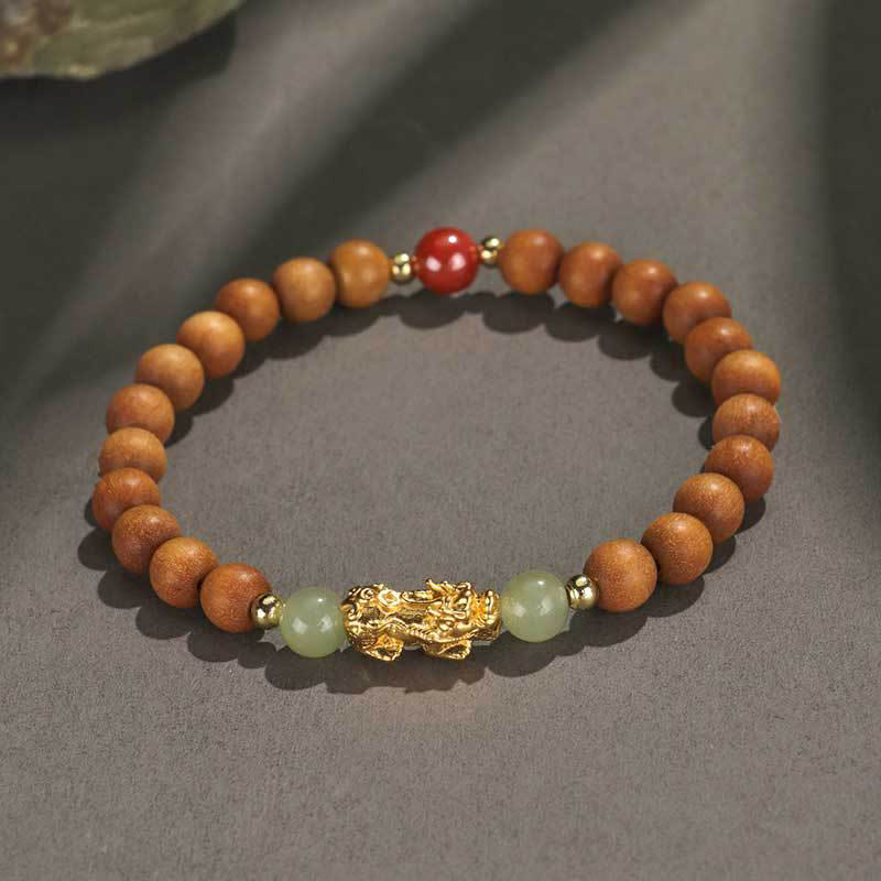 Bracelet de richesse en argent sterling 999 Buddha Stones , bois de santal, bois d'ébène, petite feuille, bois de santal rouge, jade Hetian, cinabre, PiXiu