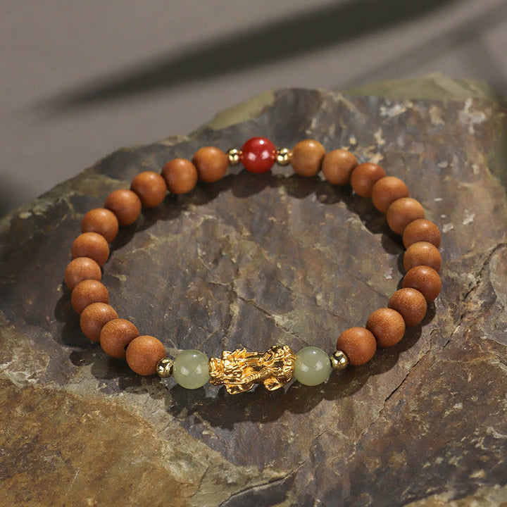 Bracelet de richesse en argent sterling 999 Buddha Stones , bois de santal, bois d'ébène, petite feuille, bois de santal rouge, jade Hetian, cinabre, PiXiu - Bois de santal (Tour de poignet : 14-16 cm) - image 0