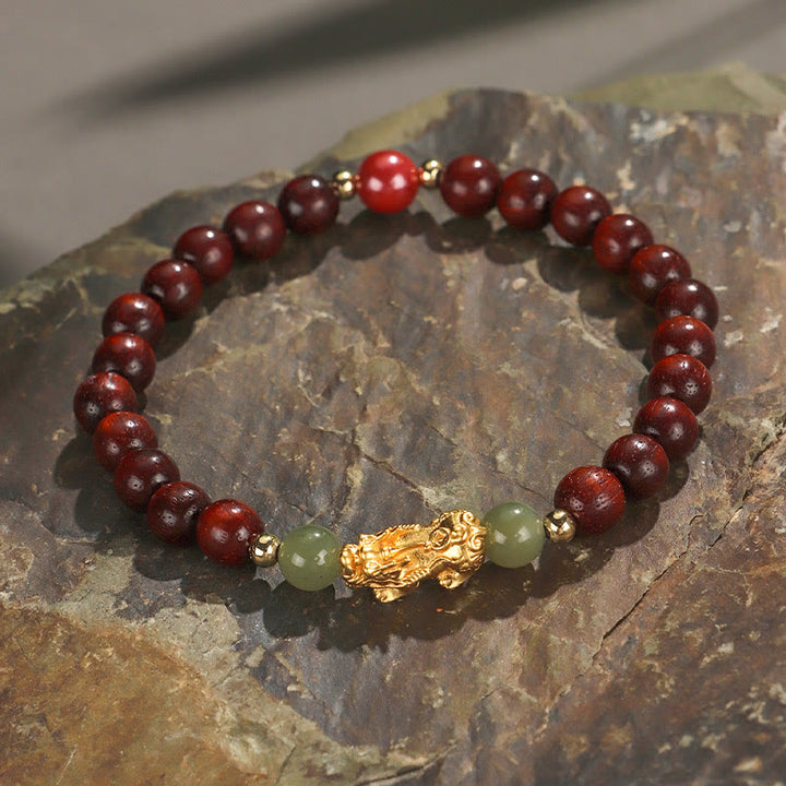 Bracelet de richesse en argent sterling 999 Buddha Stones , bois de santal, bois d'ébène, petite feuille, bois de santal rouge, jade Hetian, cinabre, PiXiu