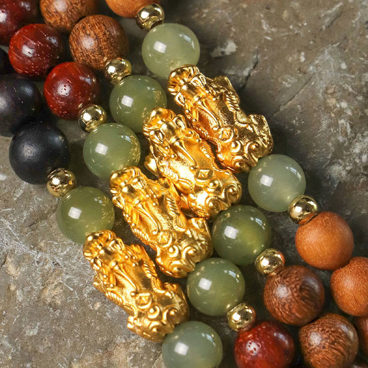 Bracelet de richesse en argent sterling 999 Buddha Stones , bois de santal, bois d'ébène, petite feuille, bois de santal rouge, jade Hetian, cinabre, PiXiu