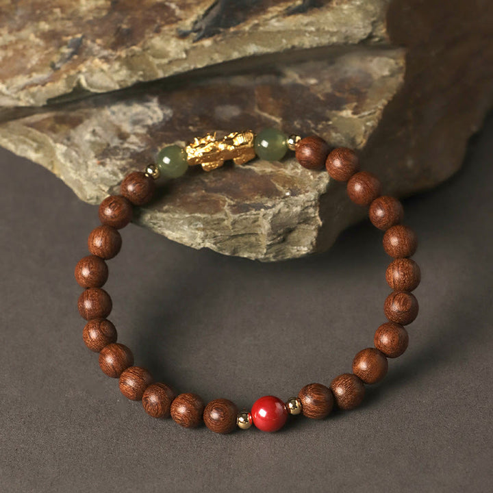 Bracelet de richesse en argent sterling 999 Buddha Stones , bois de santal, bois d'ébène, petite feuille, bois de santal rouge, jade Hetian, cinabre, PiXiu