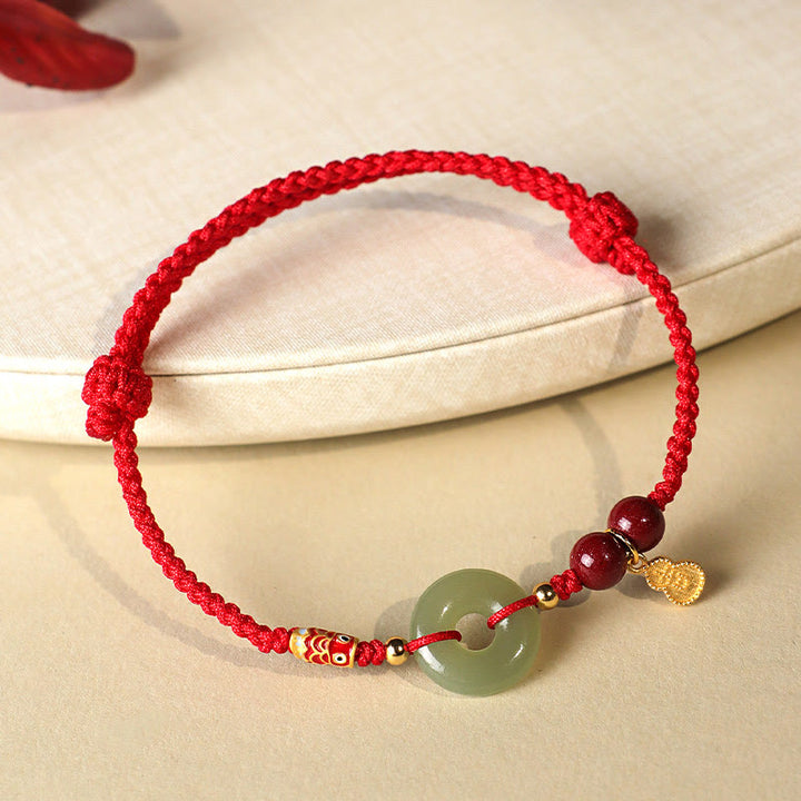 Bracelet de protection en argent 925 avec boucle de paix en jade Hetian et Buddha Stones, fil rouge et fil noir