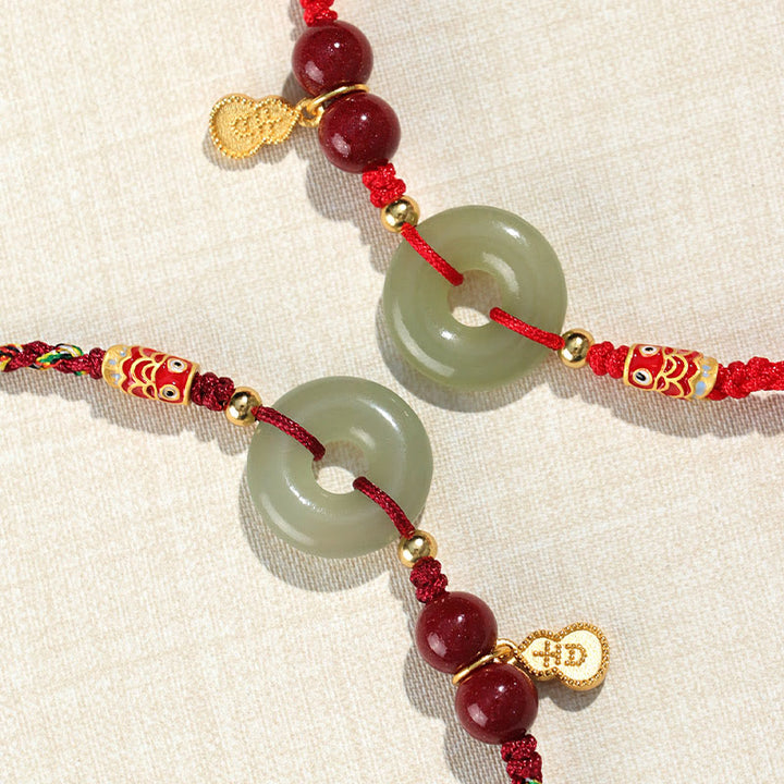 Bracelet de protection en argent 925 avec boucle de paix en jade Hetian et Buddha Stones, fil rouge et fil noir
