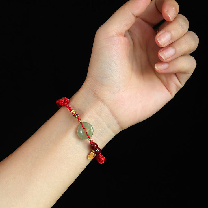 Bracelet de protection en argent 925 avec boucle de paix en jade Hetian et Buddha Stones, fil rouge et fil noir