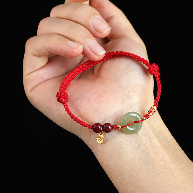 Bracelet de protection en argent 925 avec boucle de paix en jade Hetian et Buddha Stones, fil rouge et fil noir