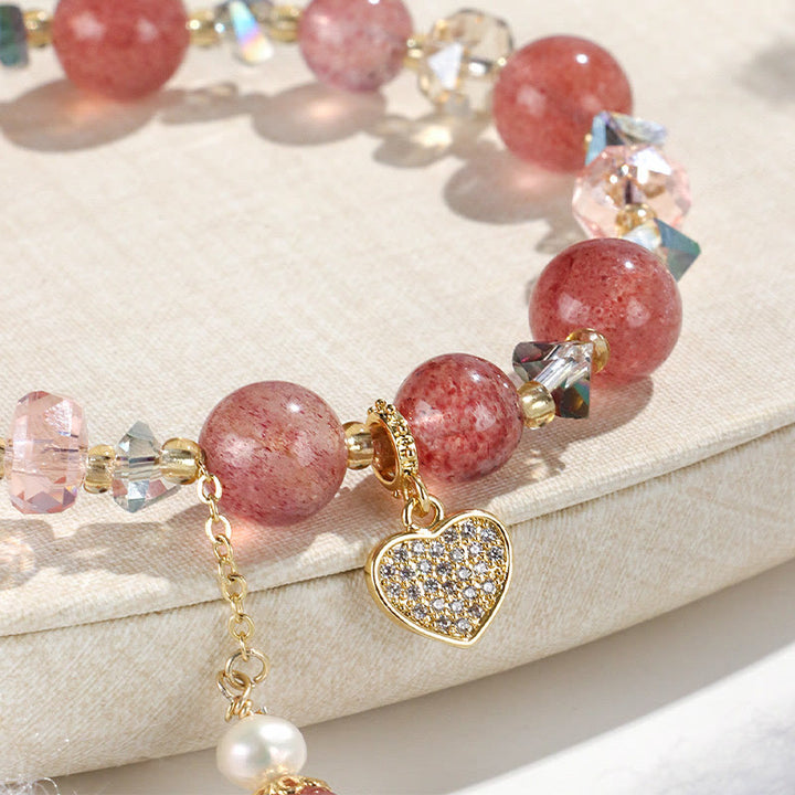 Bracelet de guérison en forme de cœur Liuli en perles de cristal blanc et quartz fraise Buddha Stones