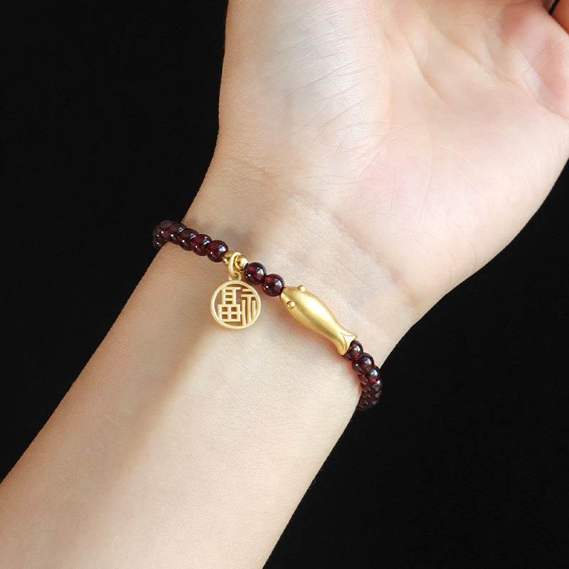 Bracelet de purification du caractère Fu du poisson en argent sterling 925 avec Buddha Stones