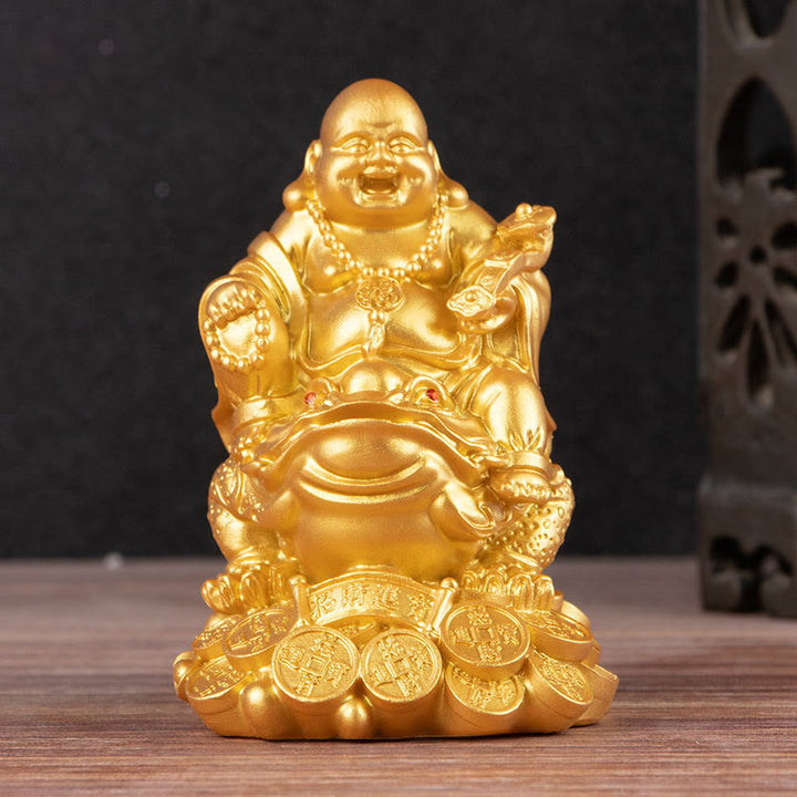 Buddha Stones Bouddha rieur Feng Shui Grenouille Crapaud Pièces de cuivre Attirer la richesse Statue en résine Décoration de la maison