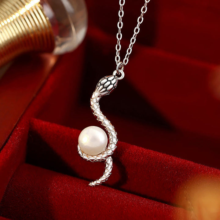 Collier pendentif serpent autour de la perle en argent sterling 925 Buddha Stones et bénédiction de l'année du serpent