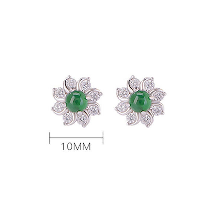 Boucles d'oreilles en argent sterling 925 avec Buddha Stones et fleur de jade rondes