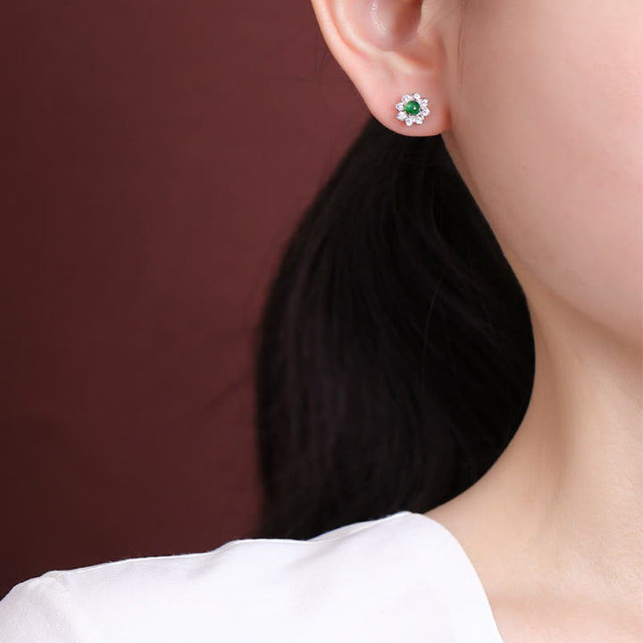 Boucles d'oreilles en argent sterling 925 avec Buddha Stones et fleur de jade rondes
