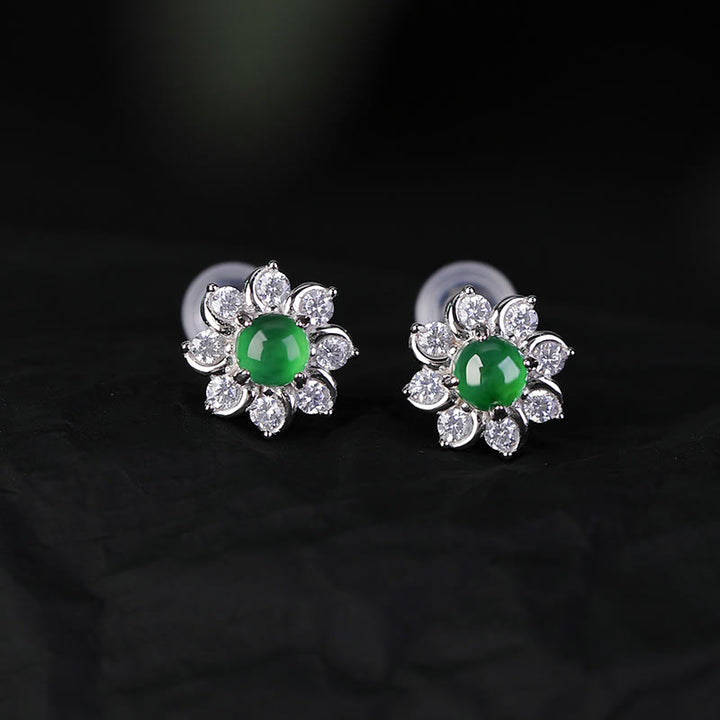 Boucles d'oreilles en argent sterling 925 avec Buddha Stones et fleur de jade rondes