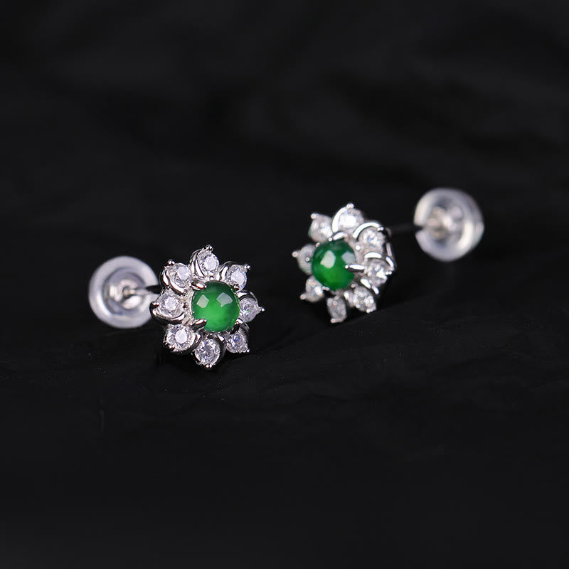 Boucles d'oreilles en argent sterling 925 avec Buddha Stones et fleur de jade rondes