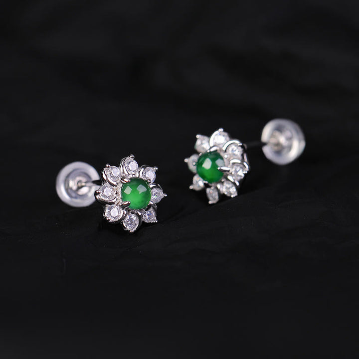 Boucles d'oreilles en argent sterling 925 avec Buddha Stones et fleur de jade rondes