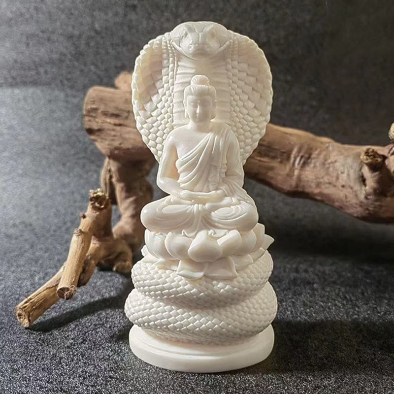 Buddha Stones Tathagata Shakyamuni Serpent Lotus Fruit Ivoire Statue de Méditation Sérénité Décoration de la Maison