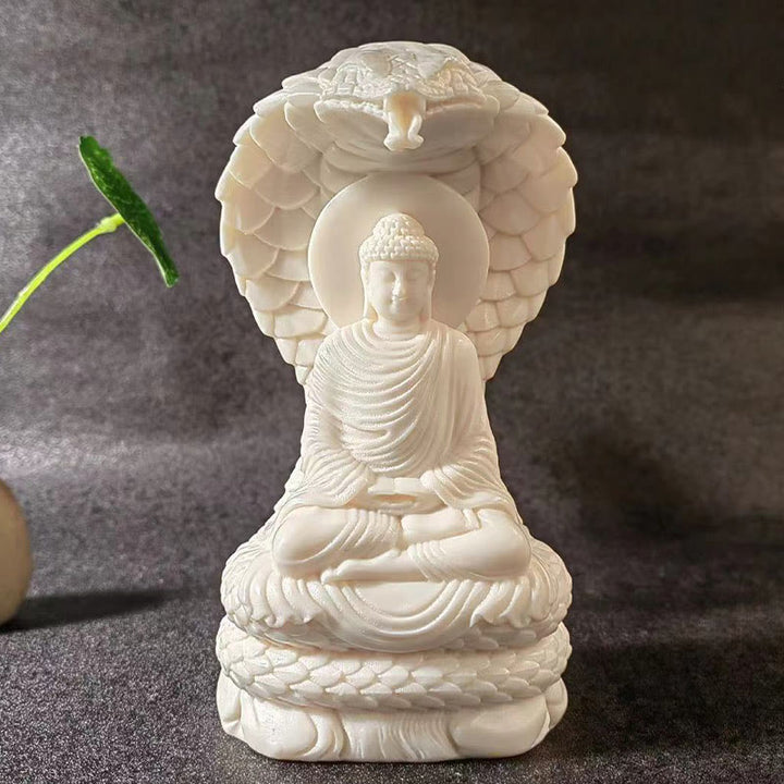 Buddha Stones Tathagata Shakyamuni Serpent Lotus Fruit Ivoire Statue de Méditation Sérénité Décoration de la Maison - Bouddha - Grand format 16*9*7 cm - image 0