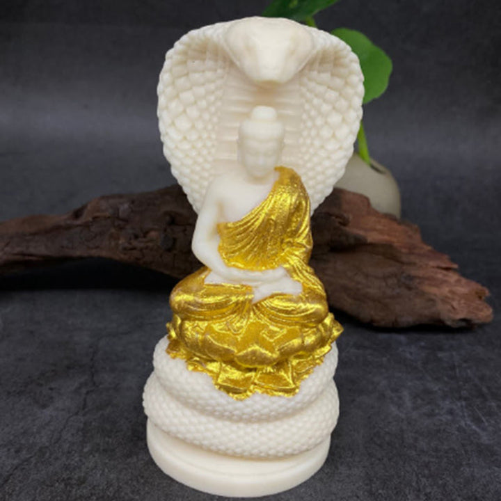 Buddha Stones Tathagata Shakyamuni Serpent Lotus Fruit Ivoire Statue de Méditation Sérénité Décoration de la Maison
