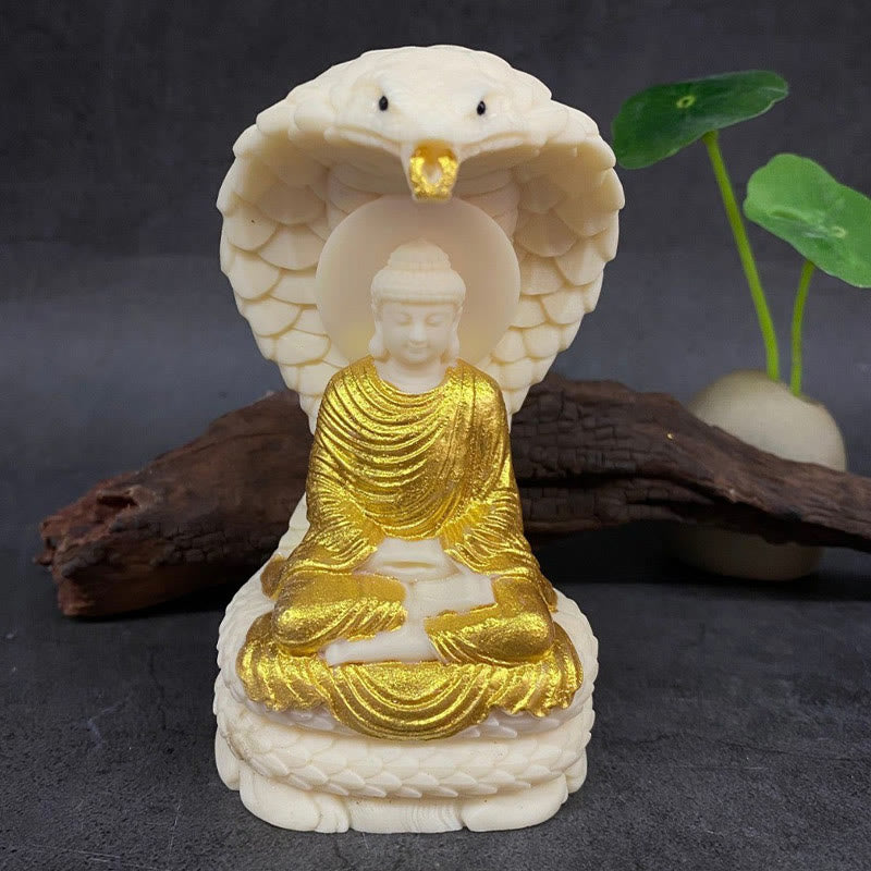Buddha Stones Tathagata Shakyamuni Serpent Lotus Fruit Ivoire Statue de Méditation Sérénité Décoration de la Maison