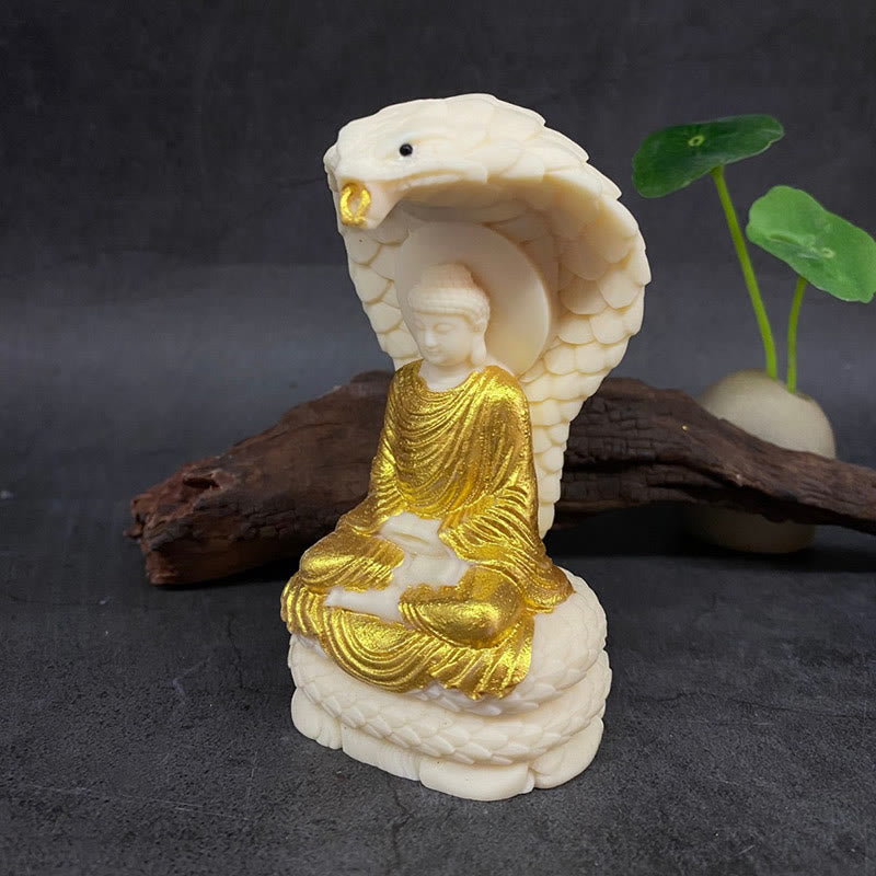 Buddha Stones Tathagata Shakyamuni Serpent Lotus Fruit Ivoire Statue de Méditation Sérénité Décoration de la Maison