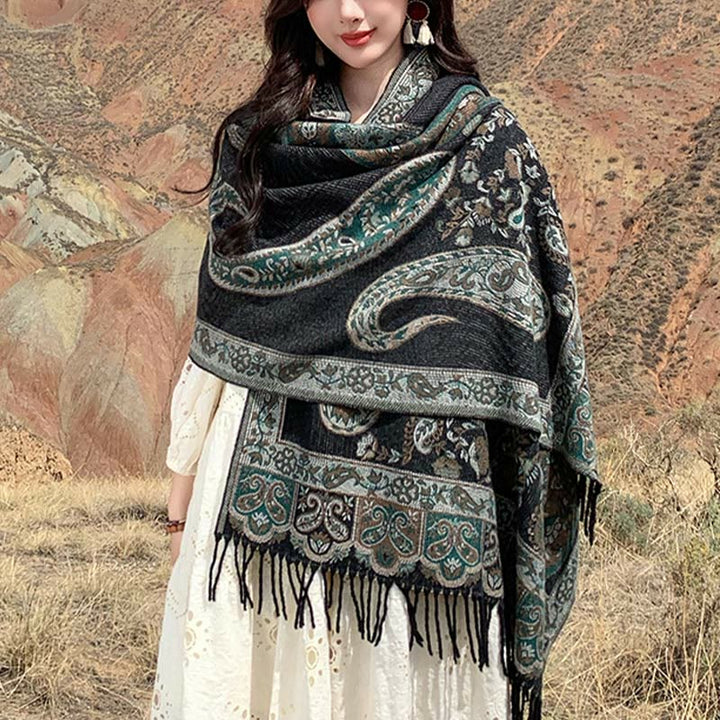 Écharpe de voyage confortable en forme de fleur de cajou tibétaine Buddha Stones pour l'automne et l'hiver - Vert foncé - 180 x 65 cm - image 0
