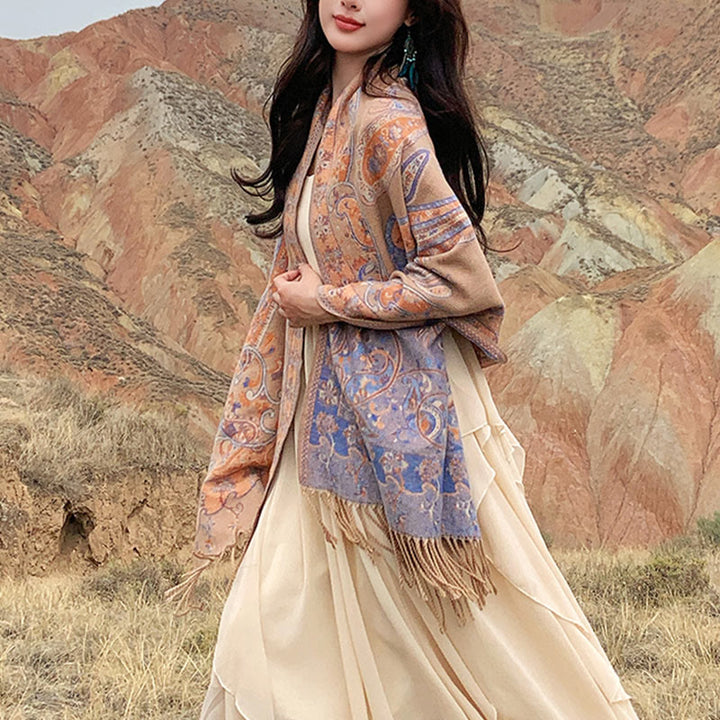 Écharpe de voyage confortable en forme de fleur de cajou tibétaine Buddha Stones pour l'automne et l'hiver - Kaki - 180 x 65 cm - image 30