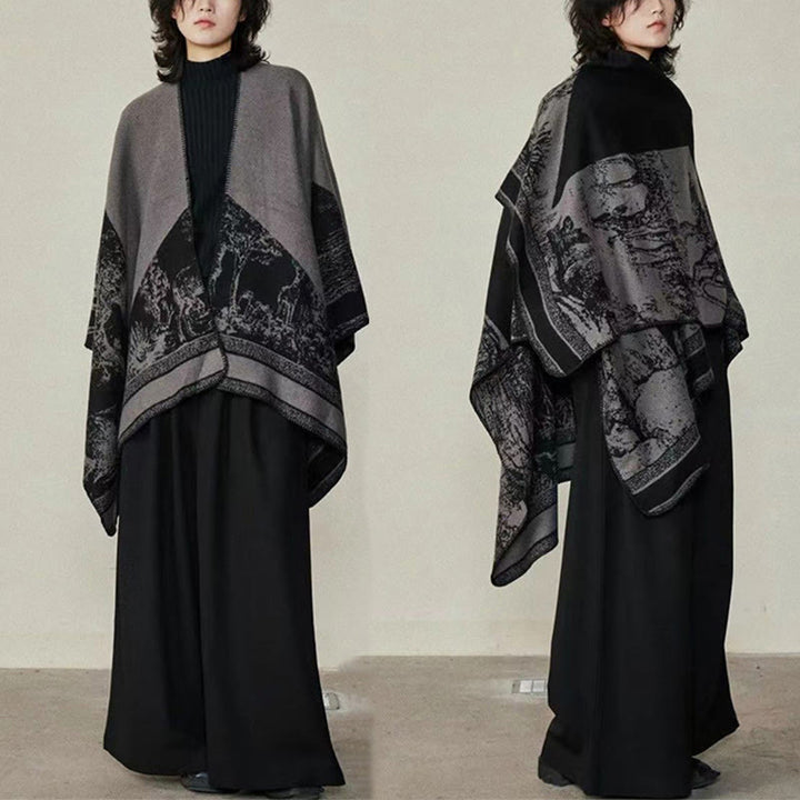 Écharpe double face en forme de cerf sika noir et gris Buddha Stones pour l'automne et l'hiver